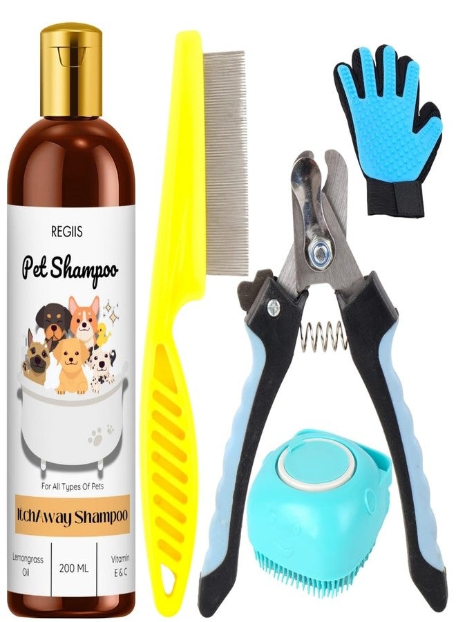 REGIIS Pet Grooming Kit, 5-Piece Set with Itch Away Shampoo, Nail Clipper, Deshedding Glove, Comb, Massage Brush for Dogs, Cats, 200 ML - Image 1